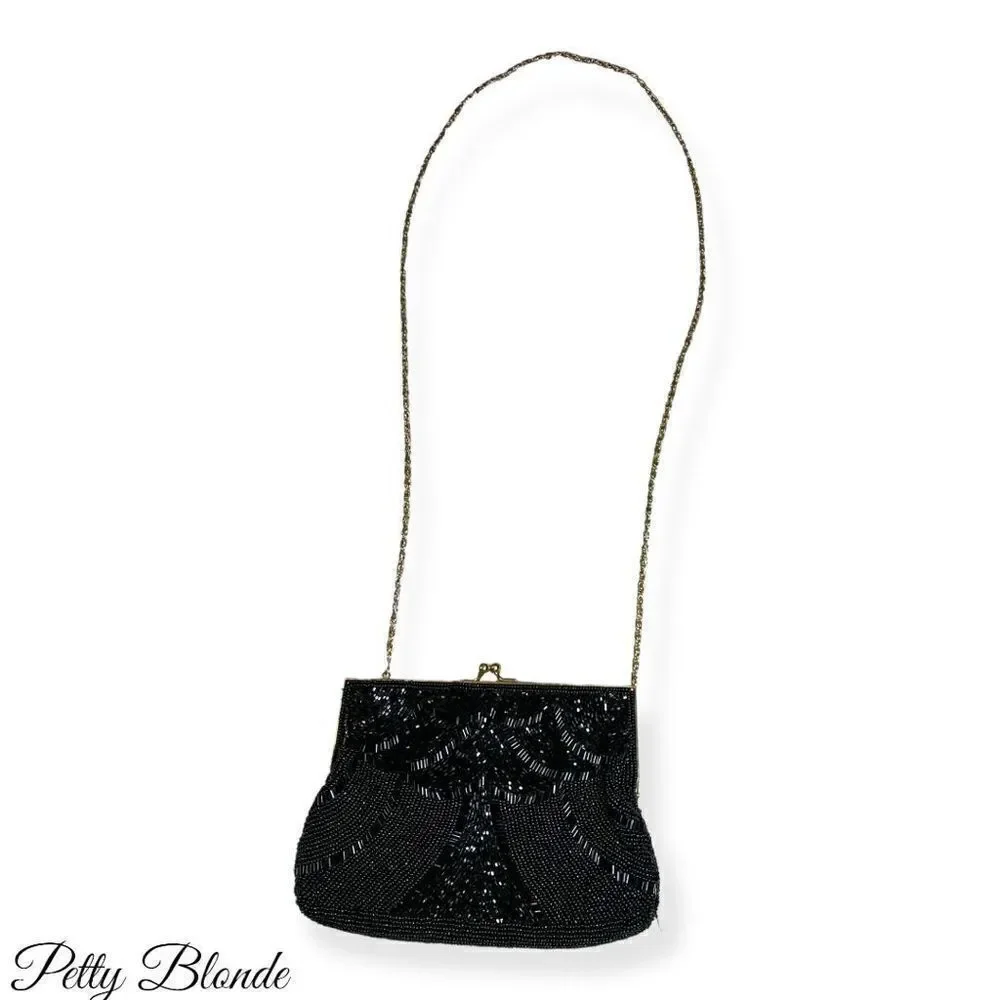 Elegant Black Beaded Clutch: Stunning Beadwork,‎ Dainty Strap, & Bronze Hardware